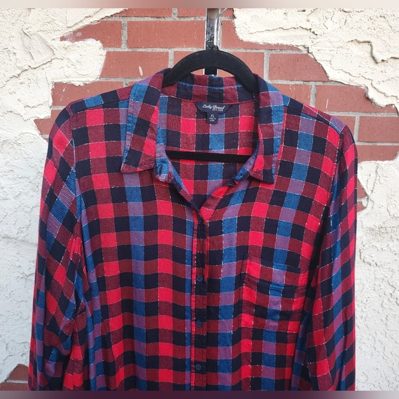XL women LUCKY BRAND plaid button long sleeve red black split back - Picture 6 of 16